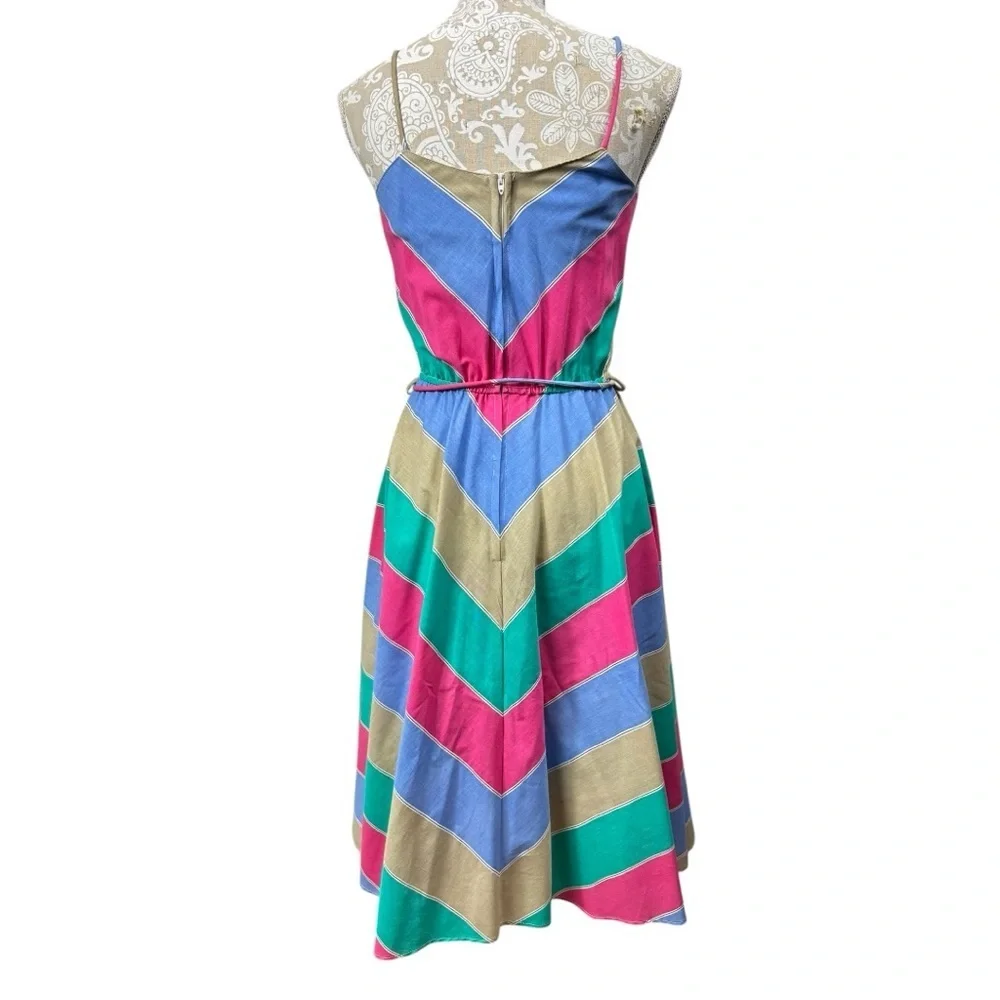 Vintage 70s 9 S Sundress Strappy Mod Rainbow Chevron Striped Disco Fit Flare - Picture 2 of 5
